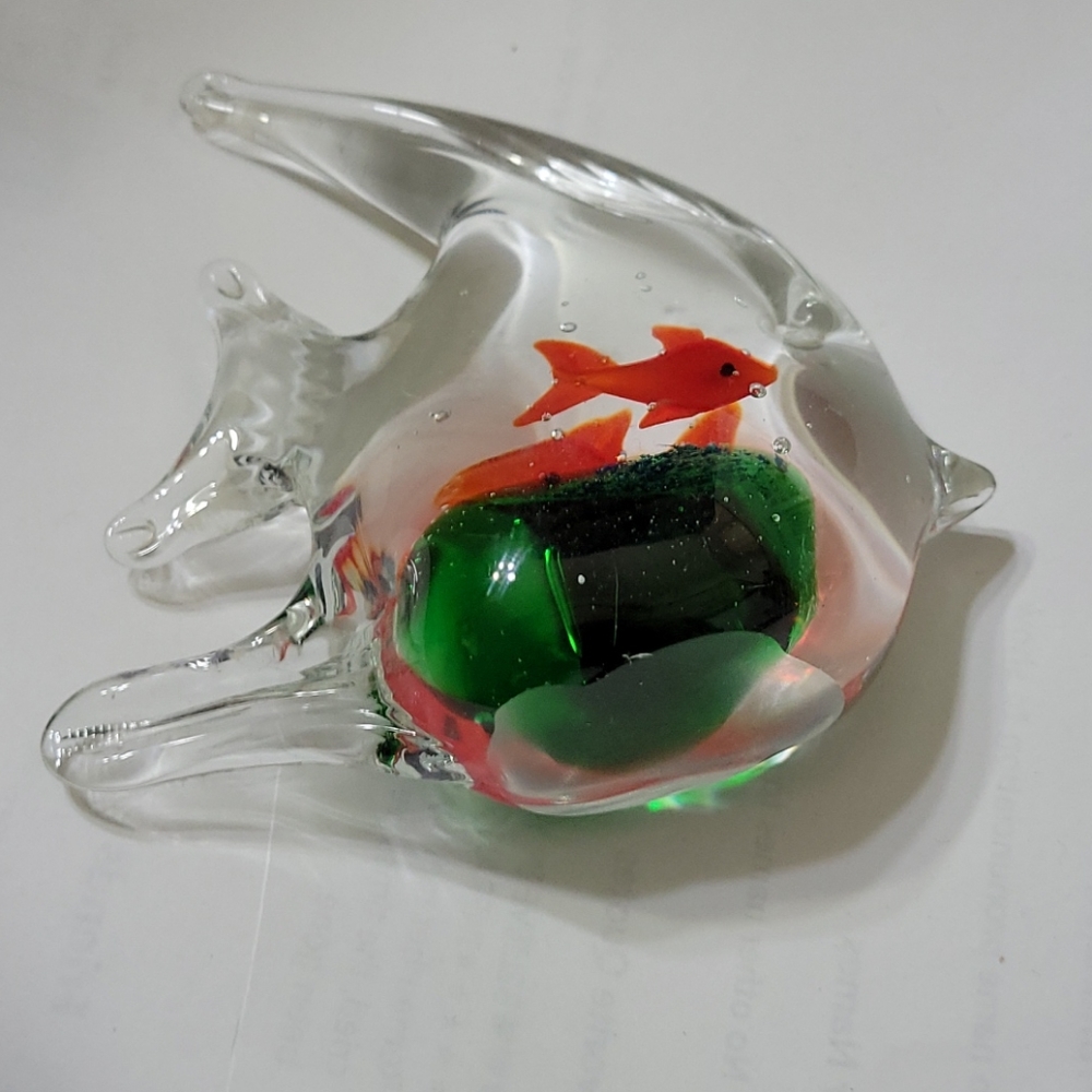 Glass Fish Paperweight with Goldfish Swimming
